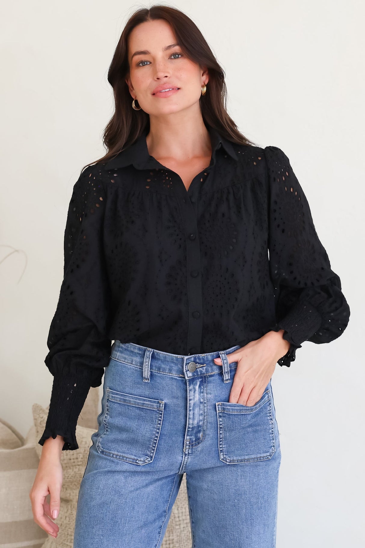 Benton Blouse - Hollow Out Embroidered Button Down Shirt in Black