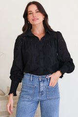 Benton Blouse - Hollow Out Embroidered Button Down Shirt in Black