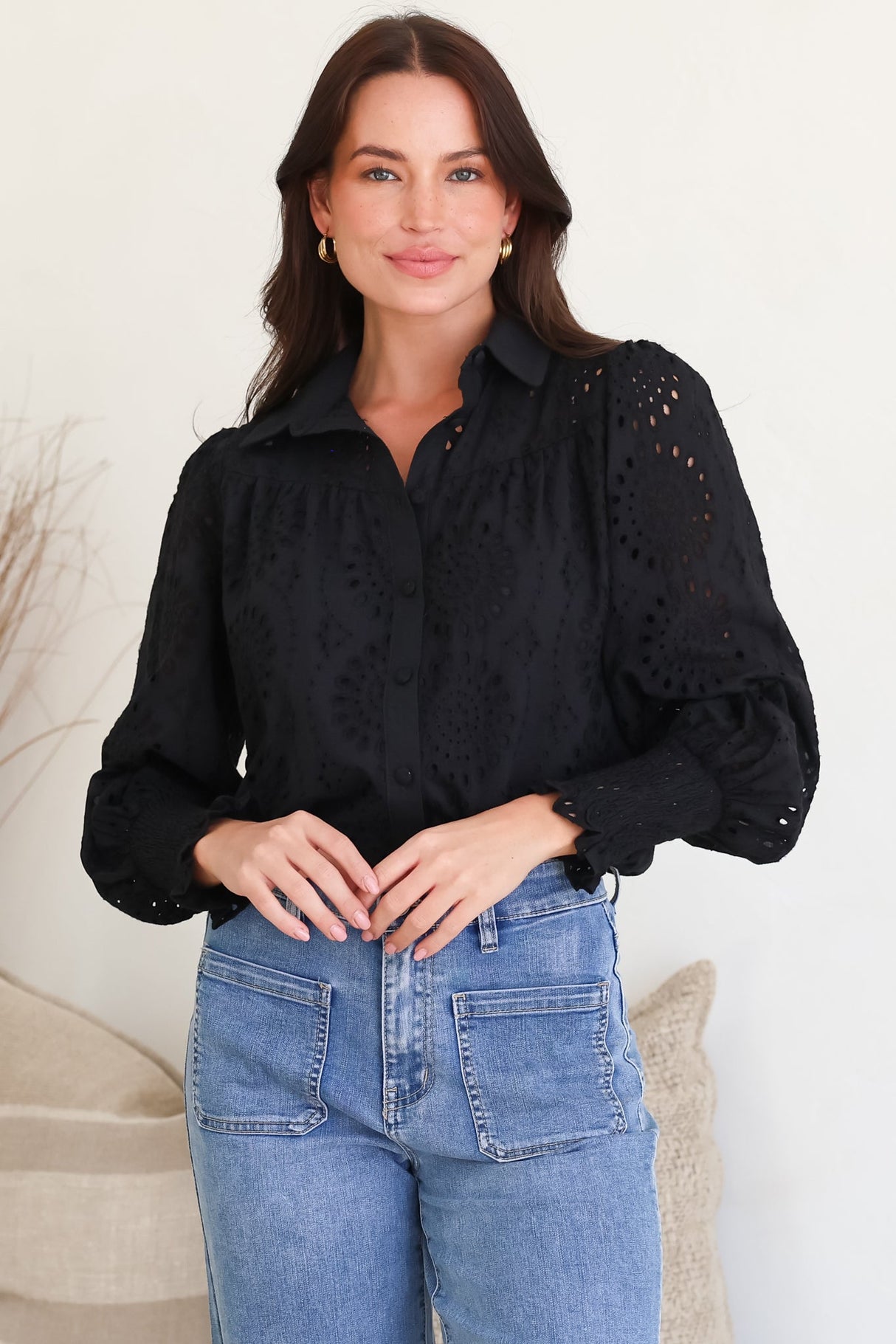 Benton Blouse - Hollow Out Embroidered Button Down Shirt in Black