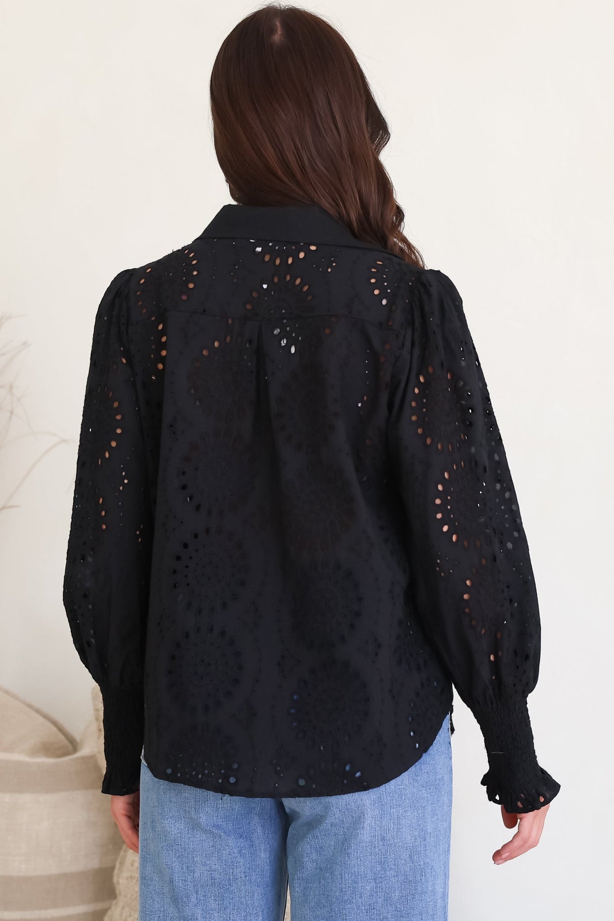 Benton Blouse - Hollow Out Embroidered Button Down Shirt in Black
