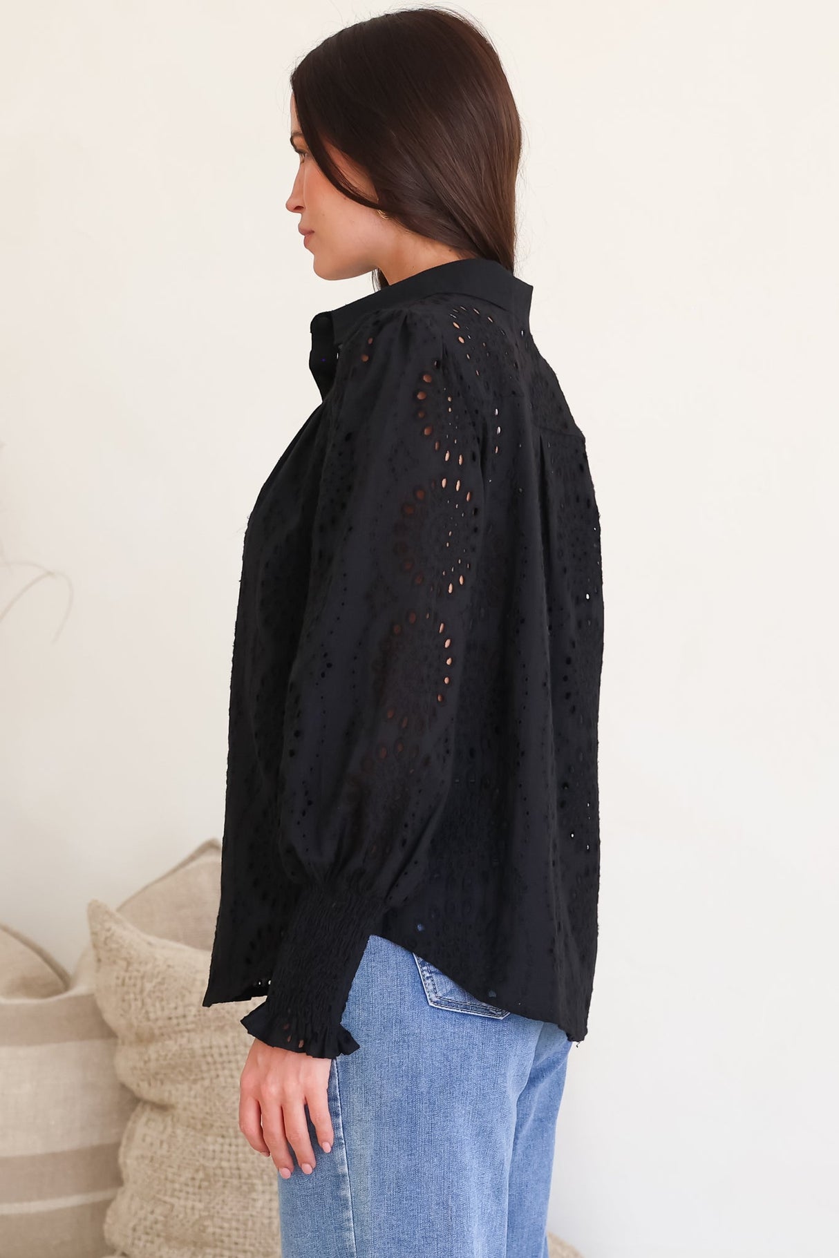 Benton Blouse - Hollow Out Embroidered Button Down Shirt in Black