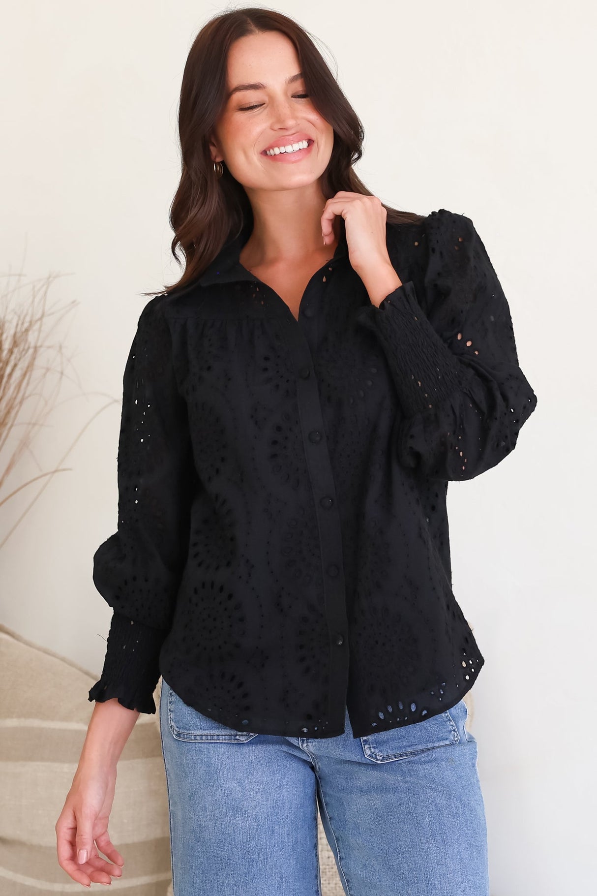Benton Blouse - Hollow Out Embroidered Button Down Shirt in Black