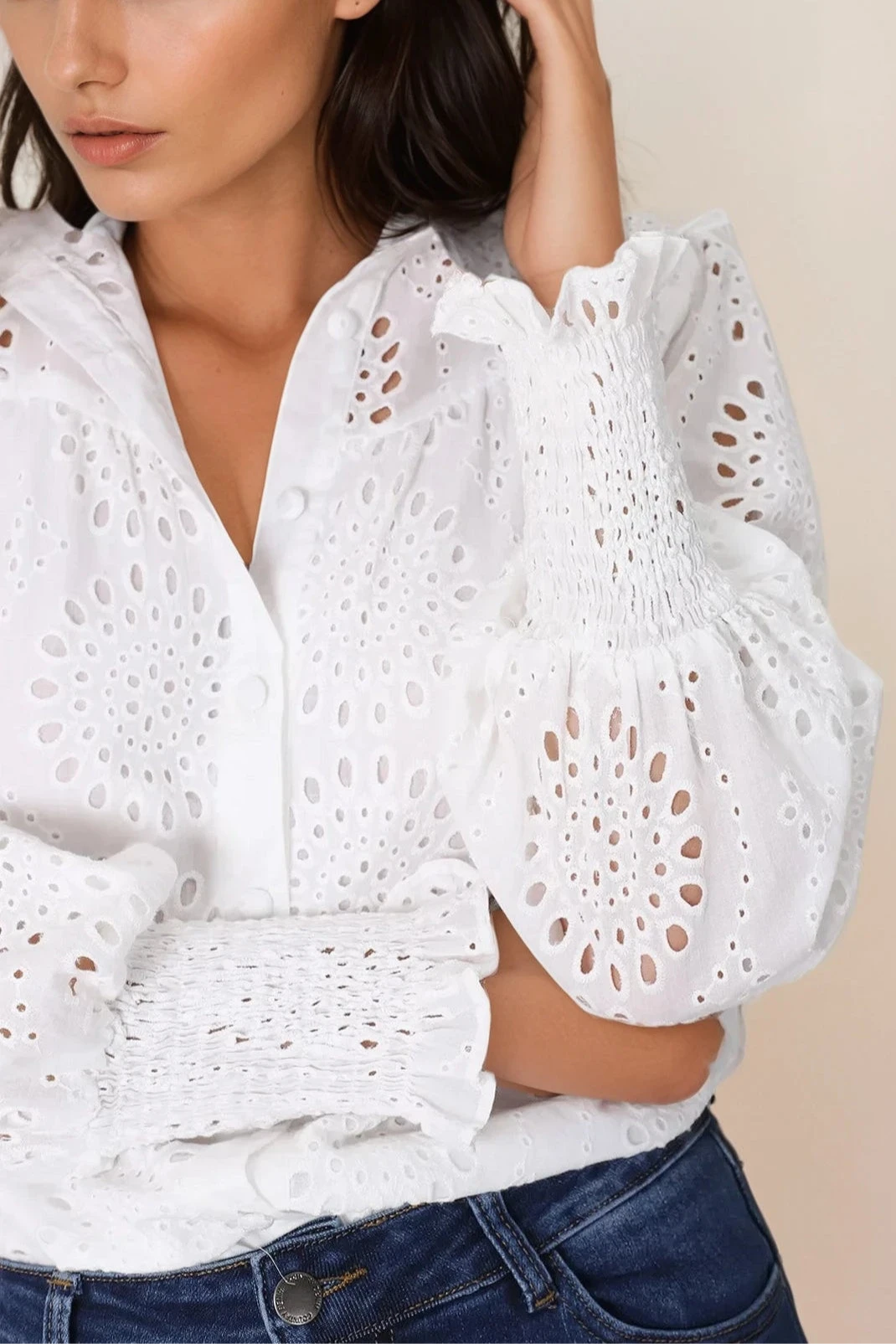 Benton Blouse - Hollow Out Embroidered Button Down Shirt in White