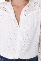 Benton Blouse - Hollow Out Embroidered Button Down Shirt in White