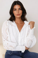 Benton Blouse - Hollow Out Embroidered Button Down Shirt in White