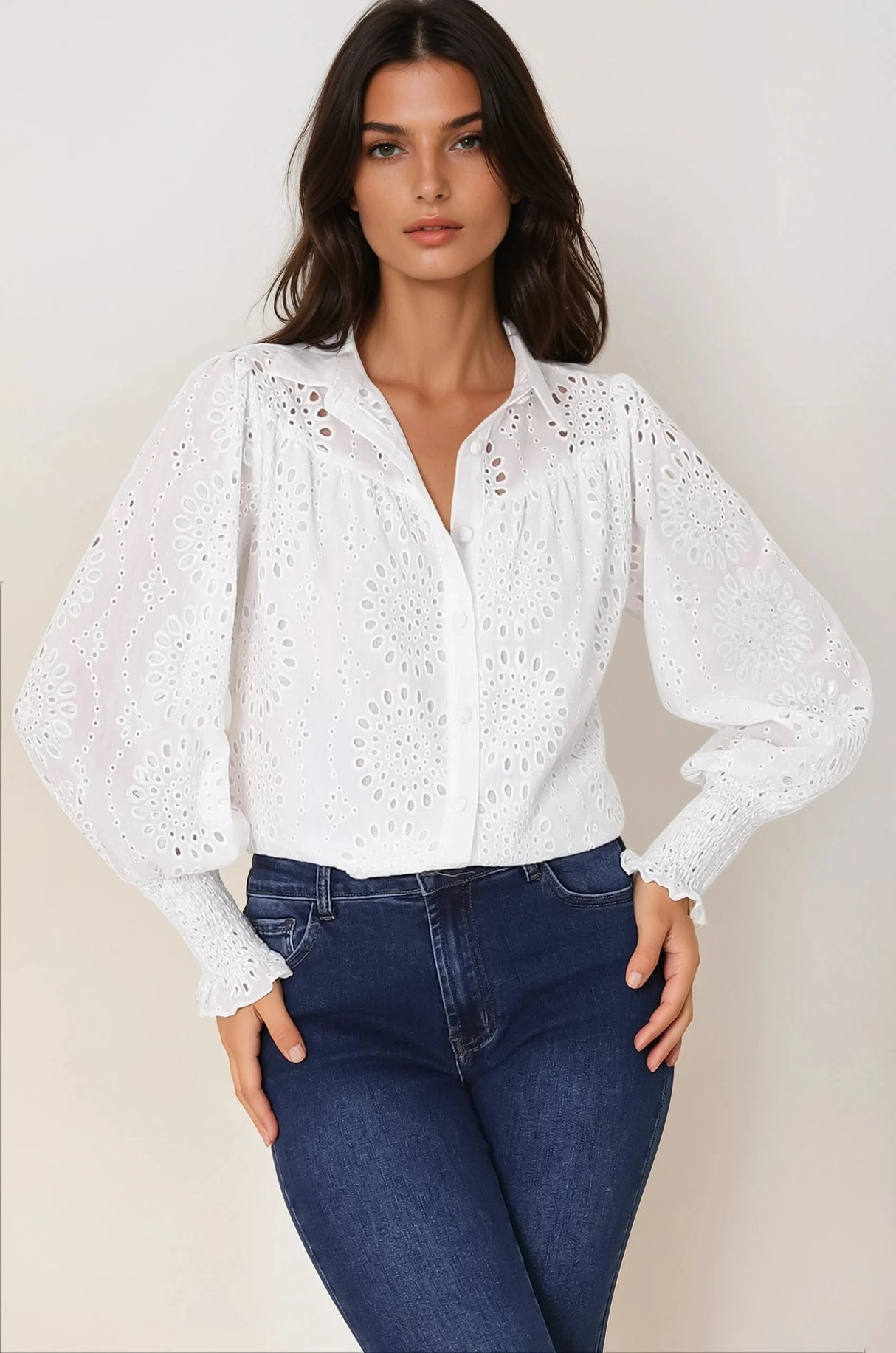 Benton Blouse - Hollow Out Embroidered Button Down Shirt in White