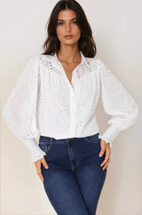 Benton Blouse - Hollow Out Embroidered Button Down Blouse in White