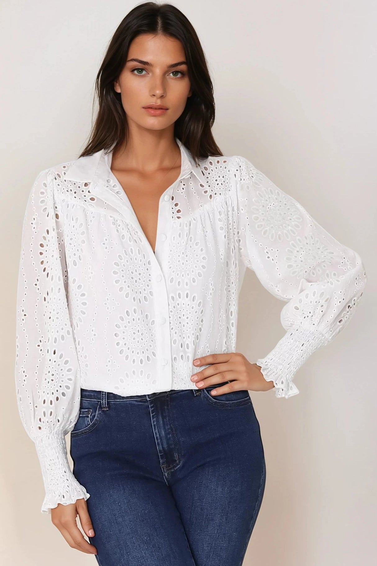 Benton Blouse - Hollow Out Embroidered Button Down Blouse in White