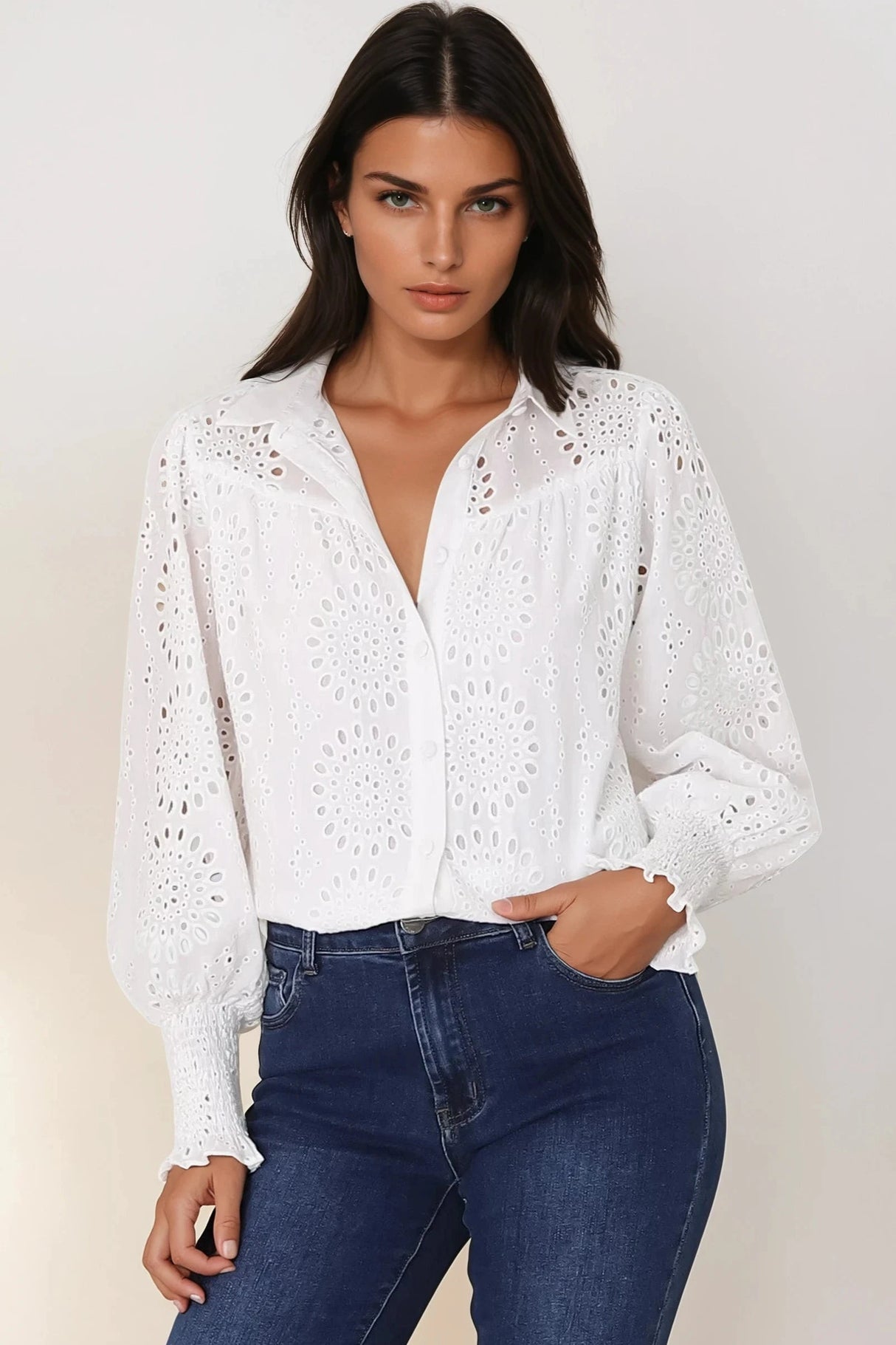 Benton Blouse - Hollow Out Embroidered Button Down Blouse in White