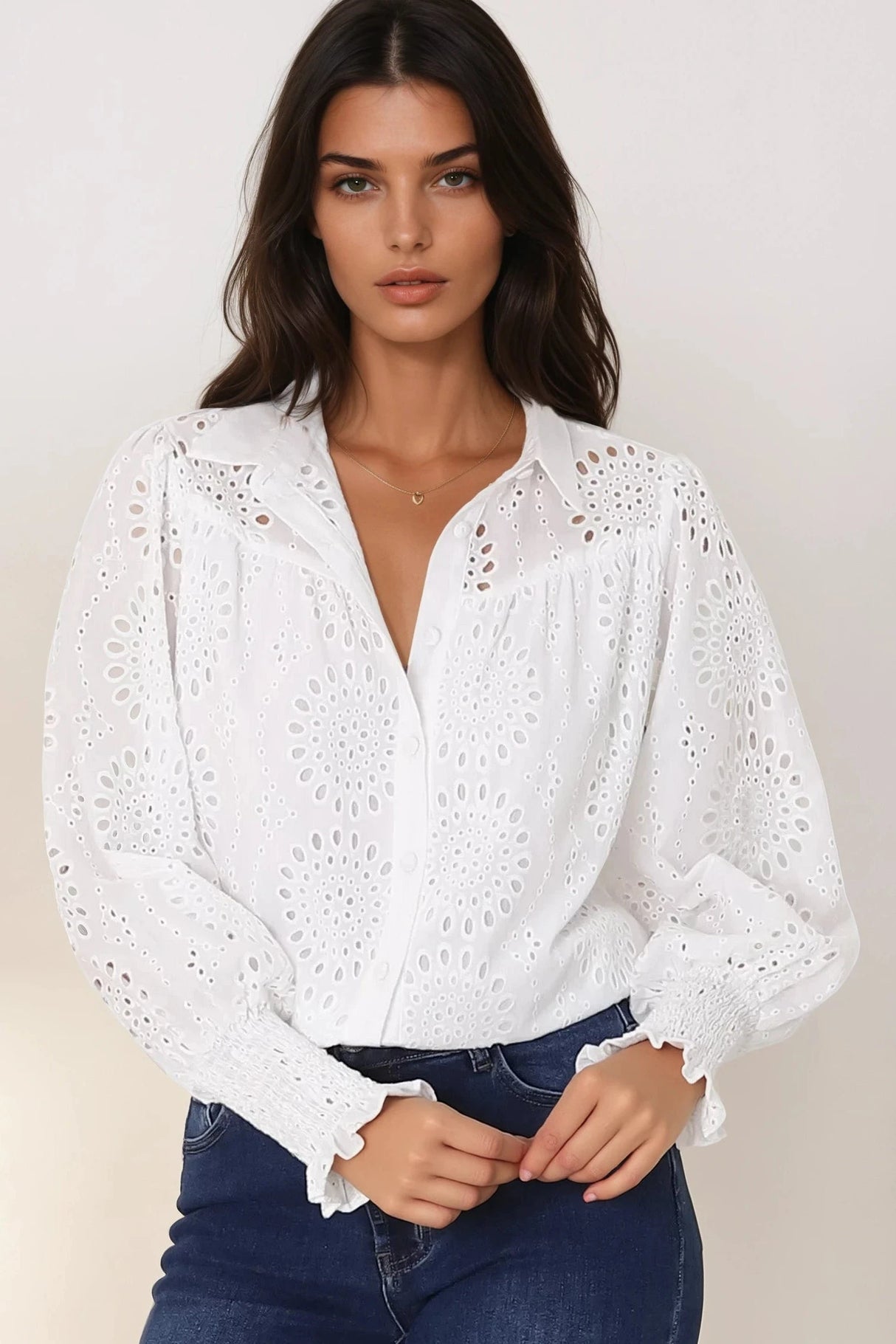 Benton Blouse - Hollow Out Embroidered Button Down Shirt in White