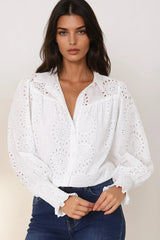 Benton Blouse - Hollow Out Embroidered Button Down Blouse in White