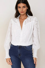 Benton Blouse - Hollow Out Embroidered Button Down Blouse in White