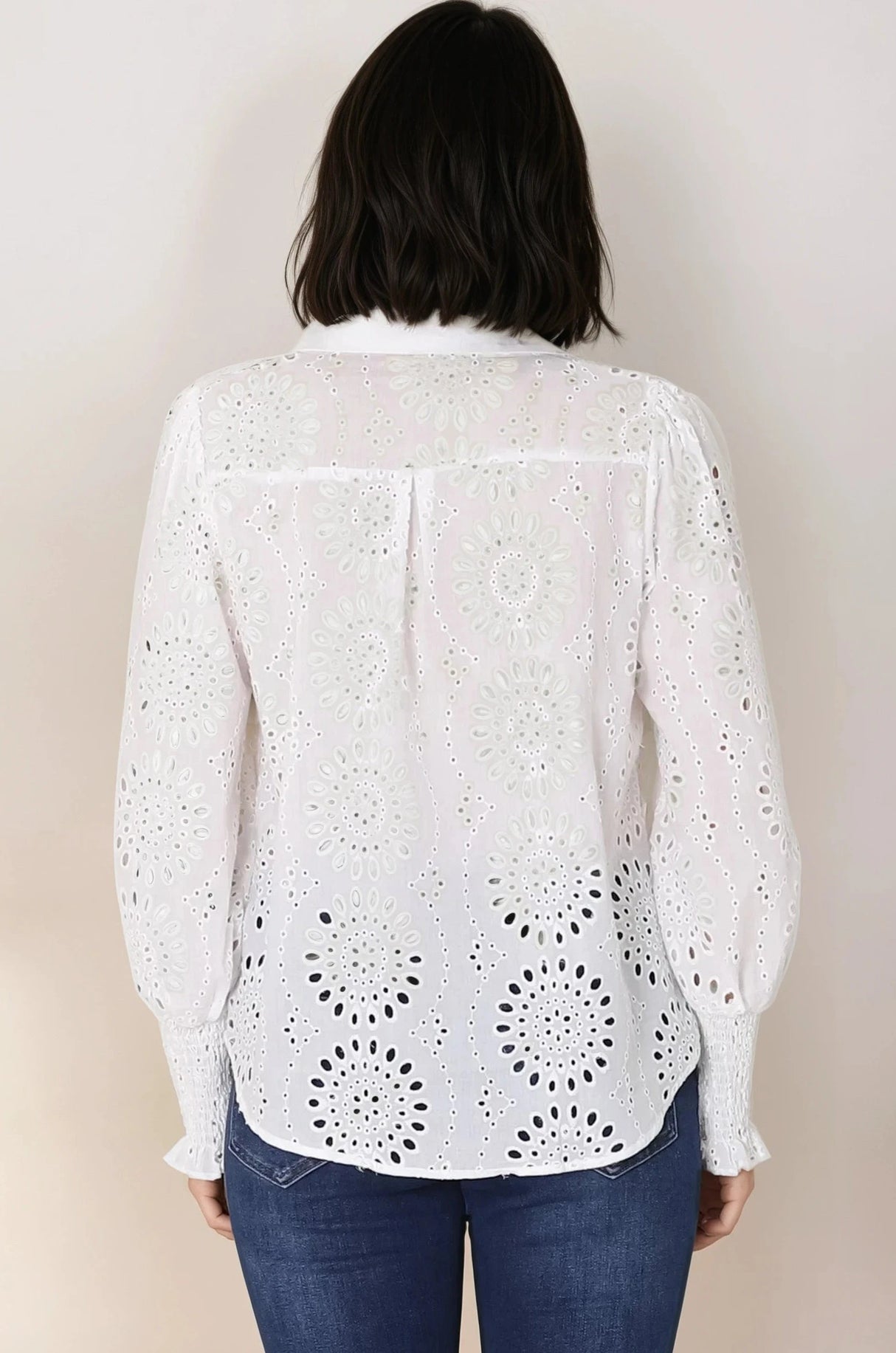 Benton Blouse - Hollow Out Embroidered Button Down Shirt in White