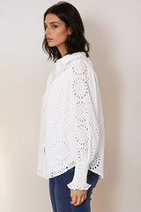 Benton Blouse - Hollow Out Embroidered Button Down Shirt in White