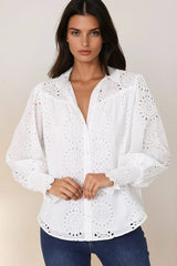 Benton Blouse - Hollow Out Embroidered Button Down Shirt in White