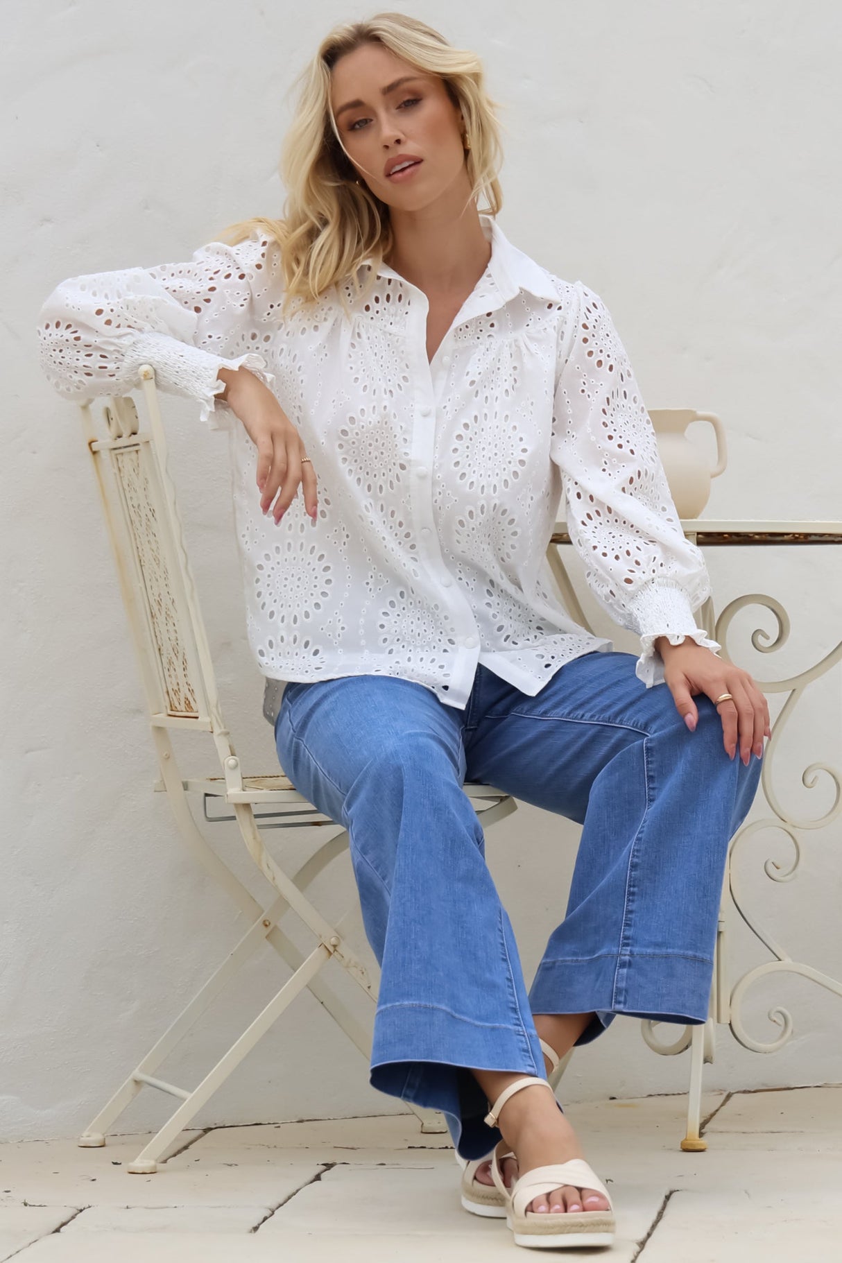 Benton Blouse - Hollow Out Embroidered Button Down Shirt in White