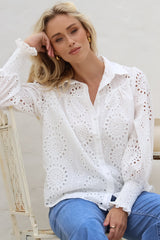 Benton Blouse - Hollow Out Embroidered Button Down Shirt in White