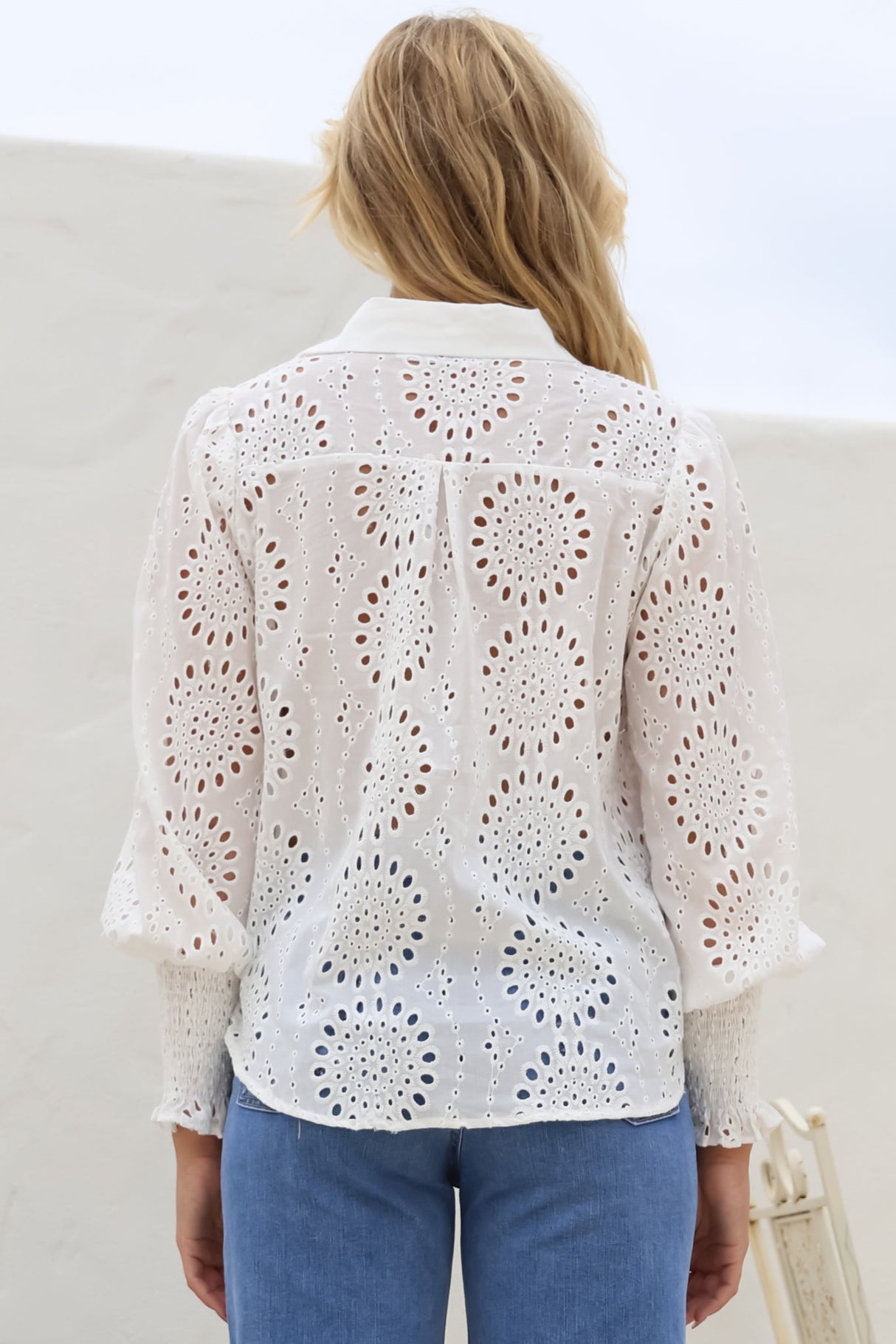 Benton Blouse - Hollow Out Embroidered Button Down Shirt in White