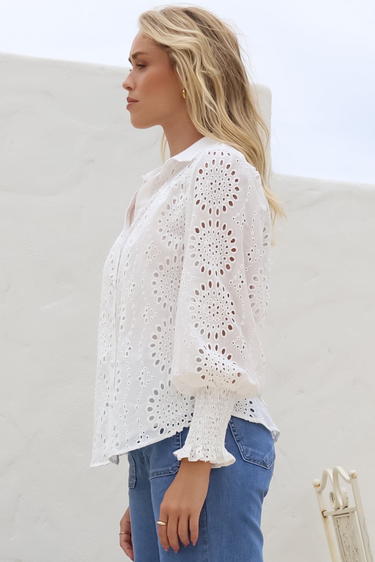 Benton Blouse - Hollow Out Embroidered Button Down Shirt in White