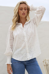 Benton Blouse - Hollow Out Embroidered Button Down Shirt in White