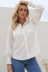 Benton Blouse - Hollow Out Embroidered Button Down Shirt in White