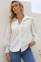 Benton Blouse - Hollow Out Embroidered Button Down Shirt in White