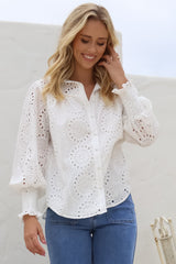 Benton Blouse - Hollow Out Embroidered Button Down Shirt in White