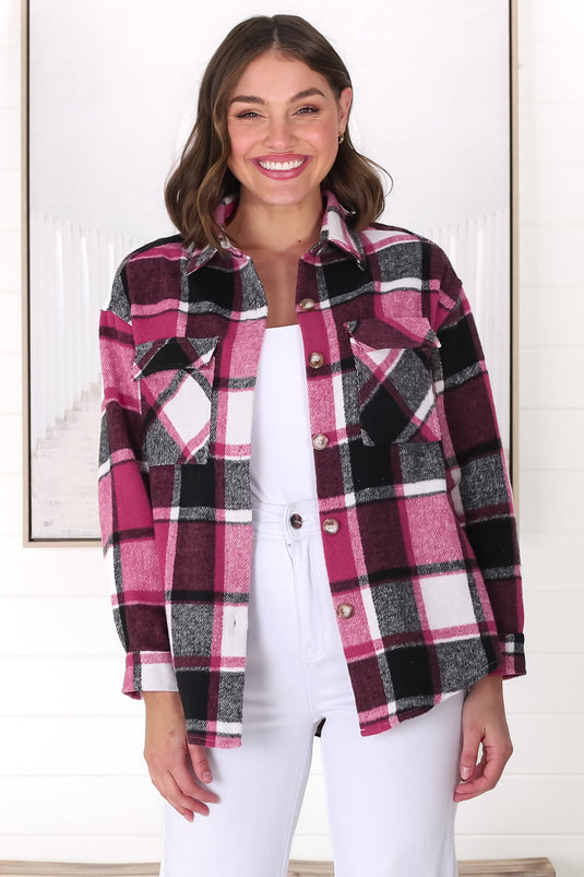 Bernie Shacket - Collared Checkered Button Down Shirt Jacket in Berry