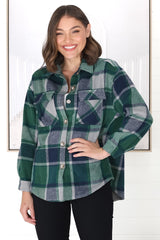 Bernie Shacket - Collared Checkered Button Down Shirt Jacket in Green