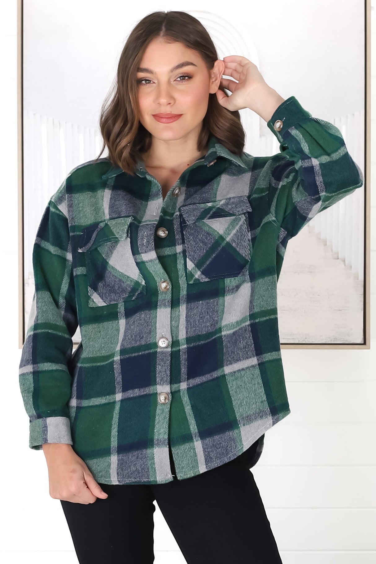 Bernie Shacket - Collared Checkered Button Down Shirt Jacket in Green