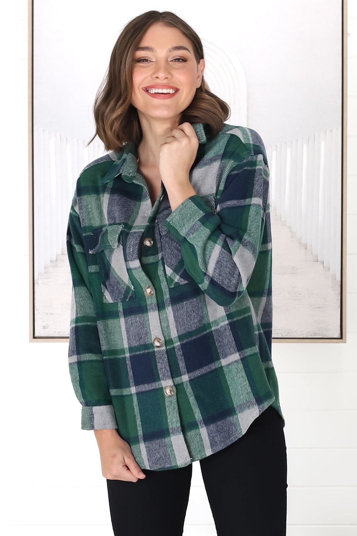 Bernie Shacket - Collared Checkered Button Down Shirt Jacket in Green