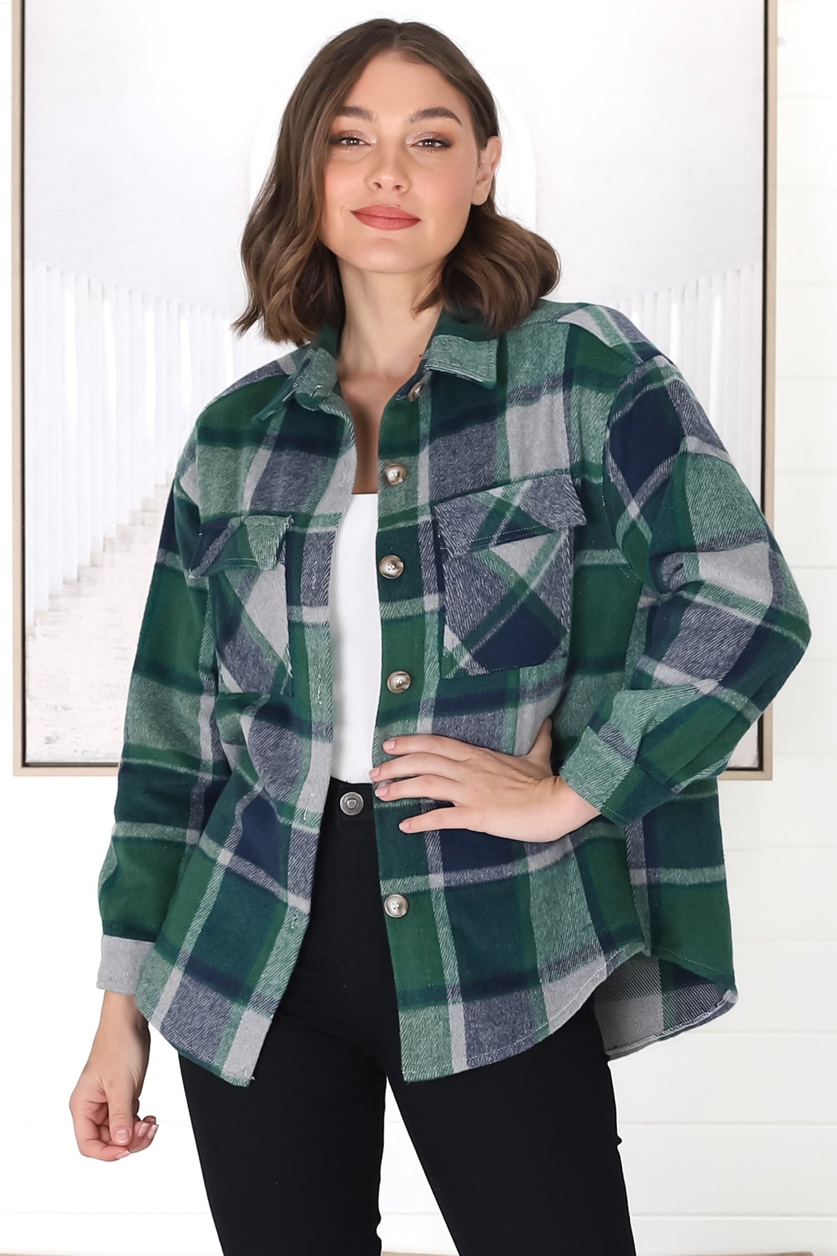 Bernie Shacket - Collared Checkered Button Down Shirt Jacket in Green