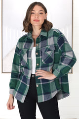 Bernie Shacket - Collared Checkered Button Down Shirt Jacket in Green