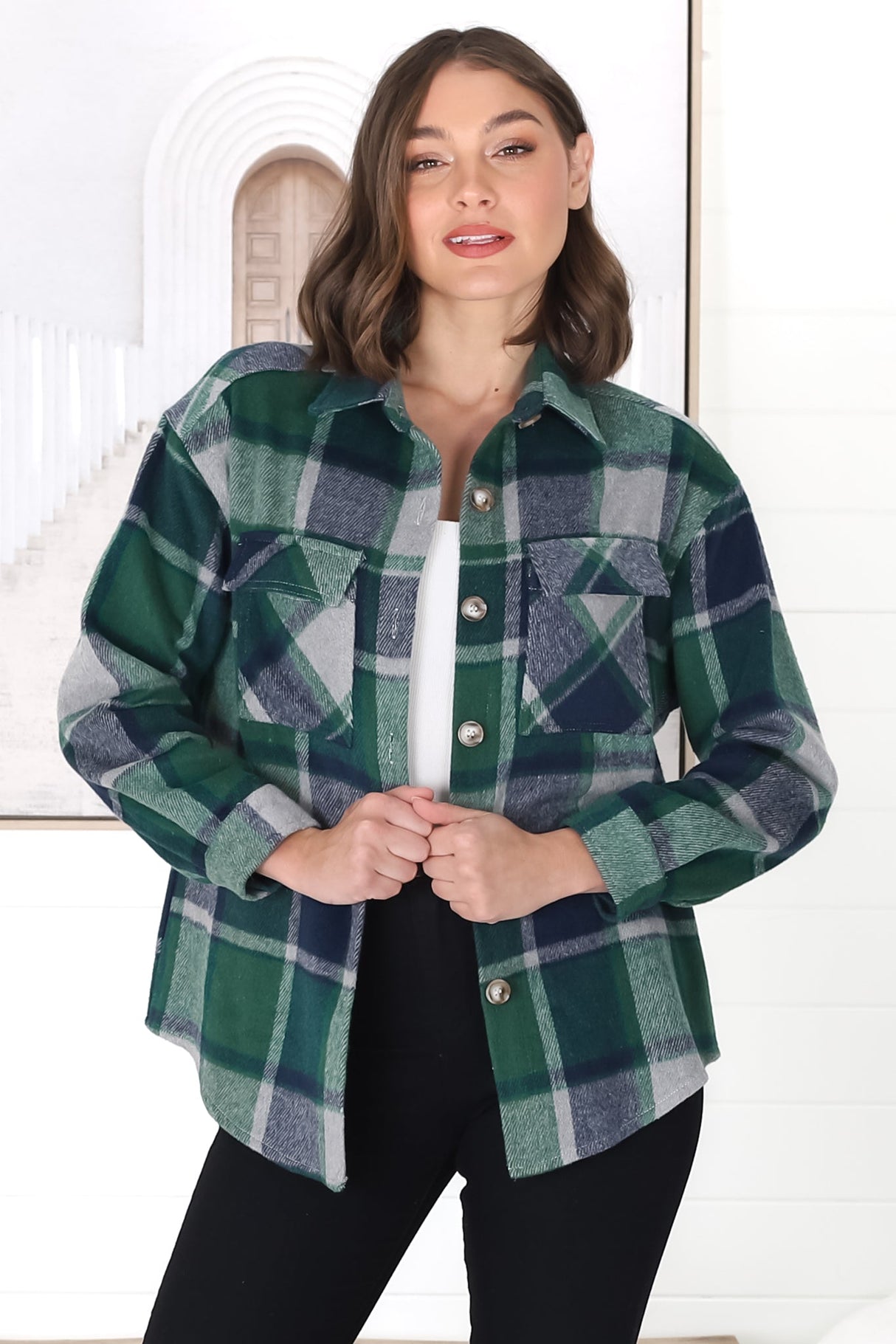 Bernie Shacket - Collared Checkered Button Down Shirt Jacket in Green