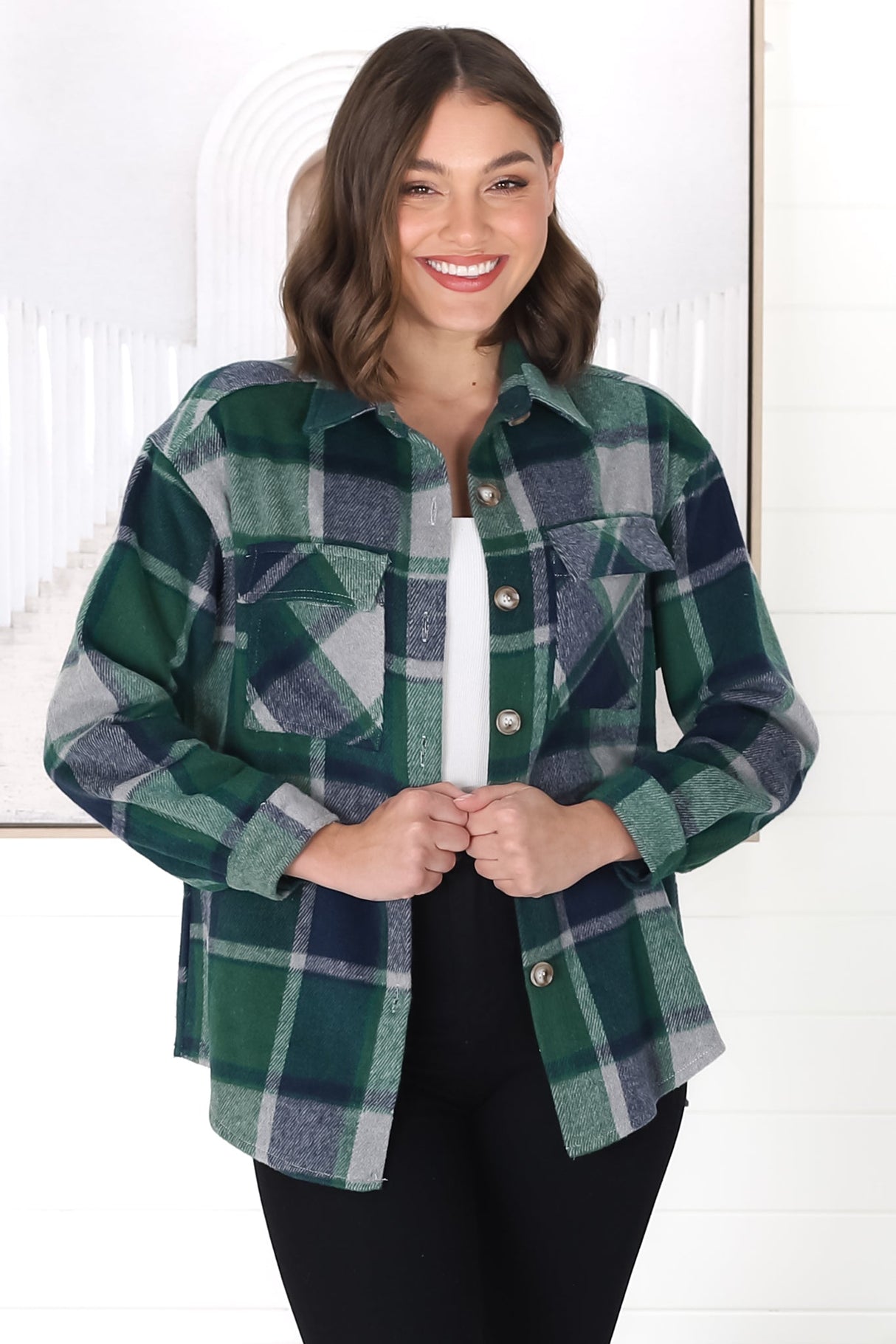 Bernie Shacket - Collared Checkered Button Down Shirt Jacket in Green