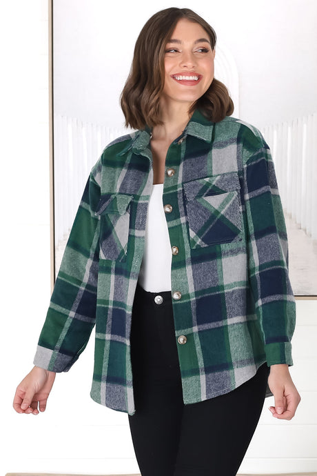 Bernie Shacket - Collared Checkered Button Down Shirt Jacket in Green