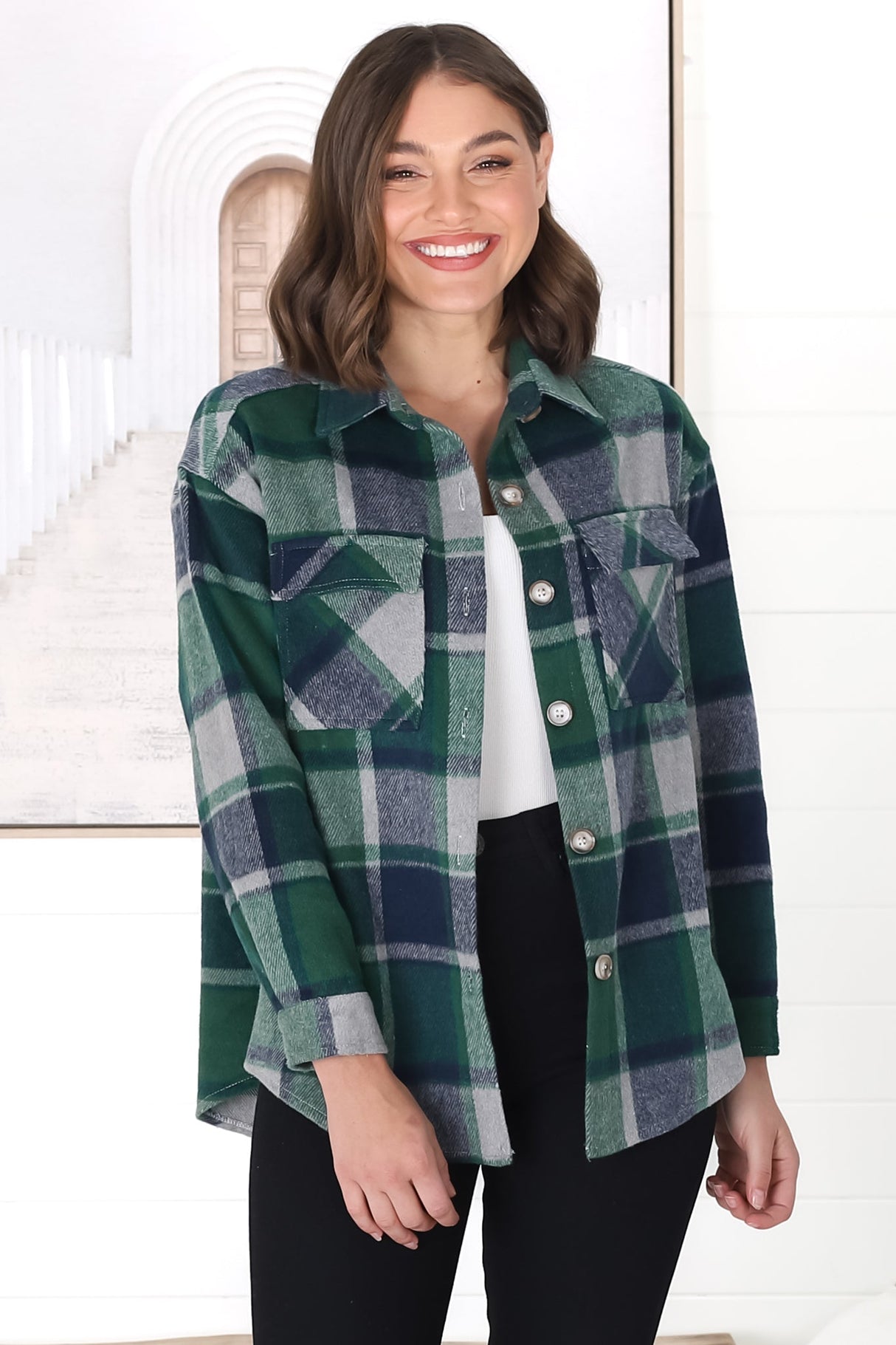 Bernie Shacket - Collared Checkered Button Down Shirt Jacket in Green