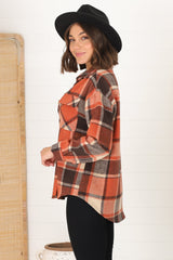 Bernie Shacket - Collared Checkered Button Down Shirt Jacket in Rust