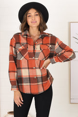 Bernie Shacket - Collared Checkered Button Down Shirt Jacket in Rust