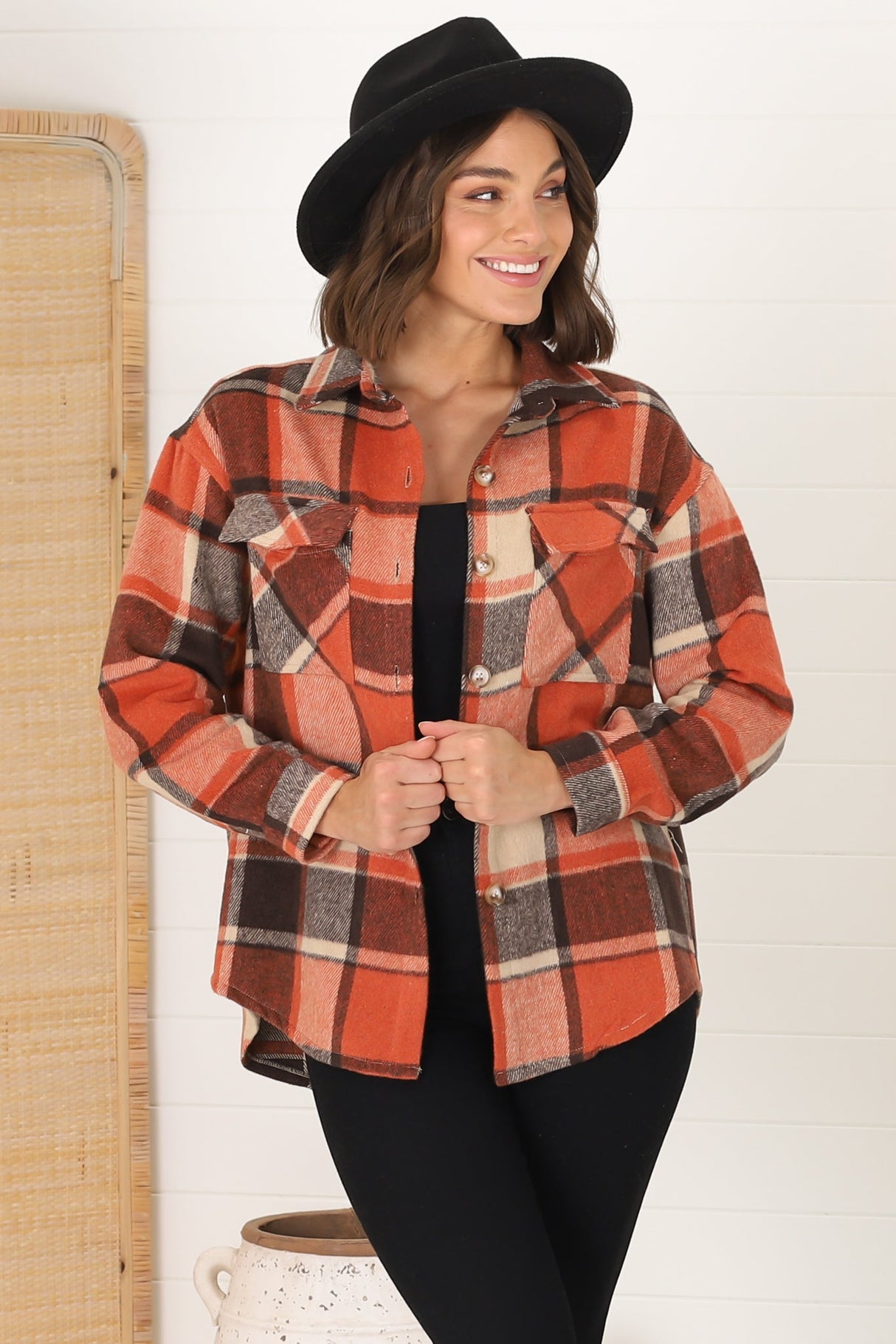 Bernie Shacket - Collared Checkered Button Down Shirt Jacket in Rust