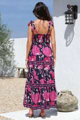 Berta Maxi Dress - Square Neckline Tie Strap Tiered Sun Dress in Ambi Print