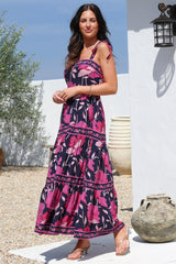 Berta Maxi Dress - Square Neckline Tie Strap Tiered Sun Dress in Ambi Print
