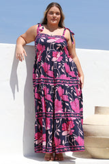 Berta Maxi Dress - Square Neckline Tie Strap Tiered Sun Dress in Ambi Print