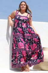 Berta Maxi Dress - Square Neckline Tie Strap Tiered Sun Dress in Ambi Print