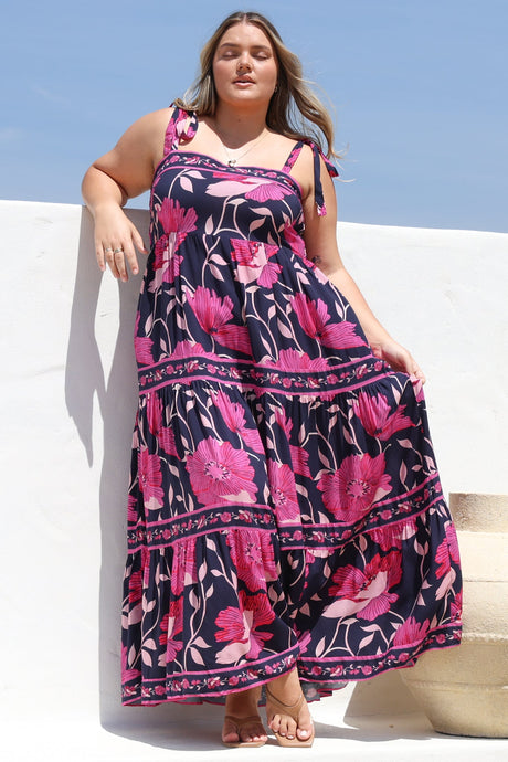 Berta Maxi Dress - Square Neckline Tie Strap Tiered Sun Dress in Ambi Print