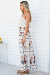 Bertha Maxi Skirt - Elasticated High Waisted Tiered Skirt in Magah Print White