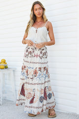 Bertha Maxi Skirt - Elasticated High Waisted Tiered Skirt in Magah Print White