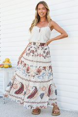 Bertha Maxi Skirt - Elasticated High Waisted Tiered Skirt in Magah Print White