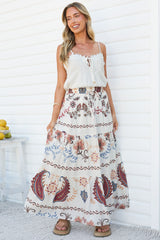 Bertha Maxi Skirt - Elasticated High Waisted Tiered Skirt in Magah Print White