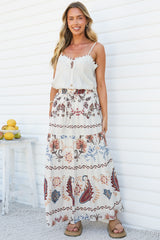 Bertha Maxi Skirt - Elasticated High Waisted Tiered Skirt in Magah Print White